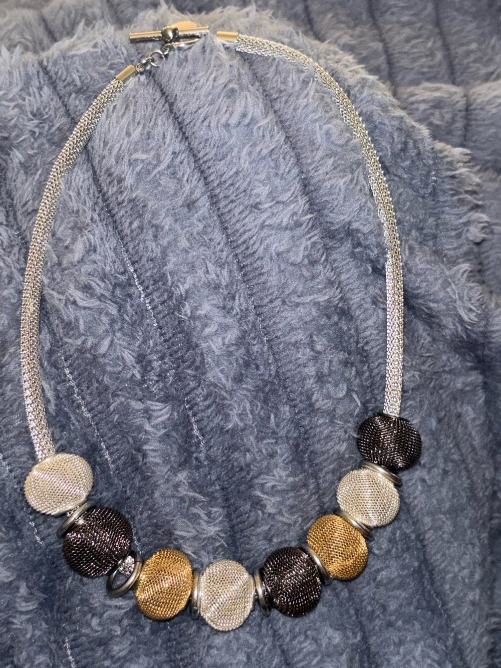 Erica Zap Tri-Tone Round Bead Mesh Statement Necklace - Silver, Gold & Black